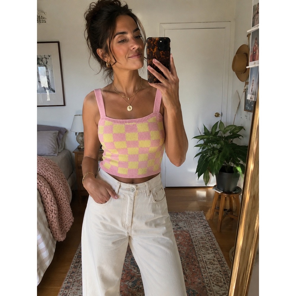 English Factory Pink Yellow Checker Knit Crop Cami Square Neck Size Small